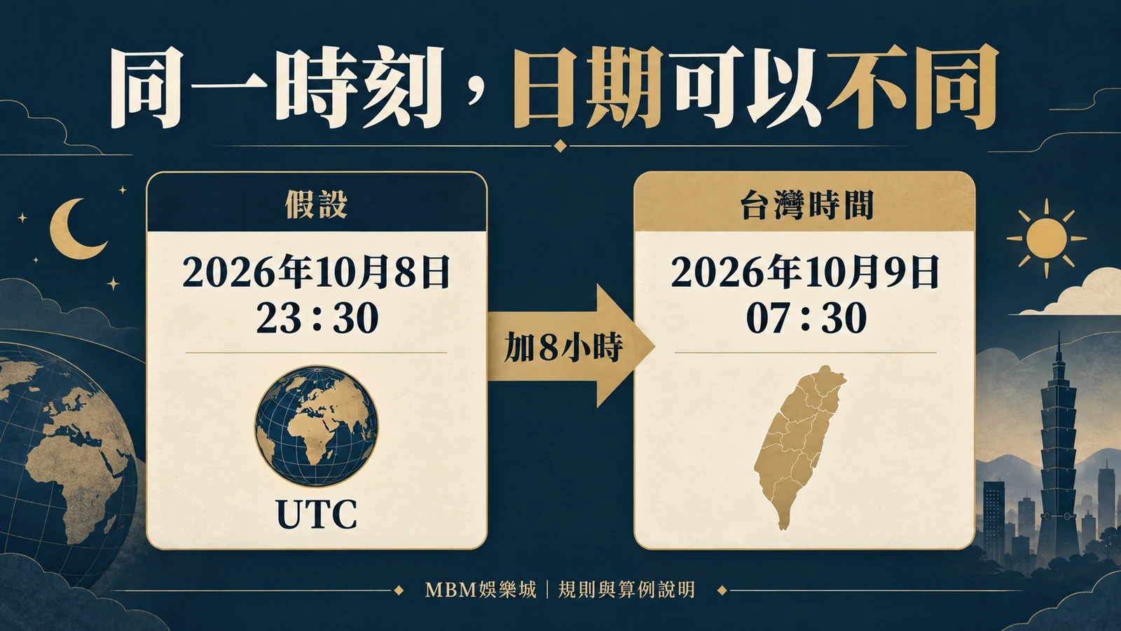 同一時刻,日期可以不同:假設2026年10月8日23:30 UTC;加8小時;台灣時間2026年10月9日07:30